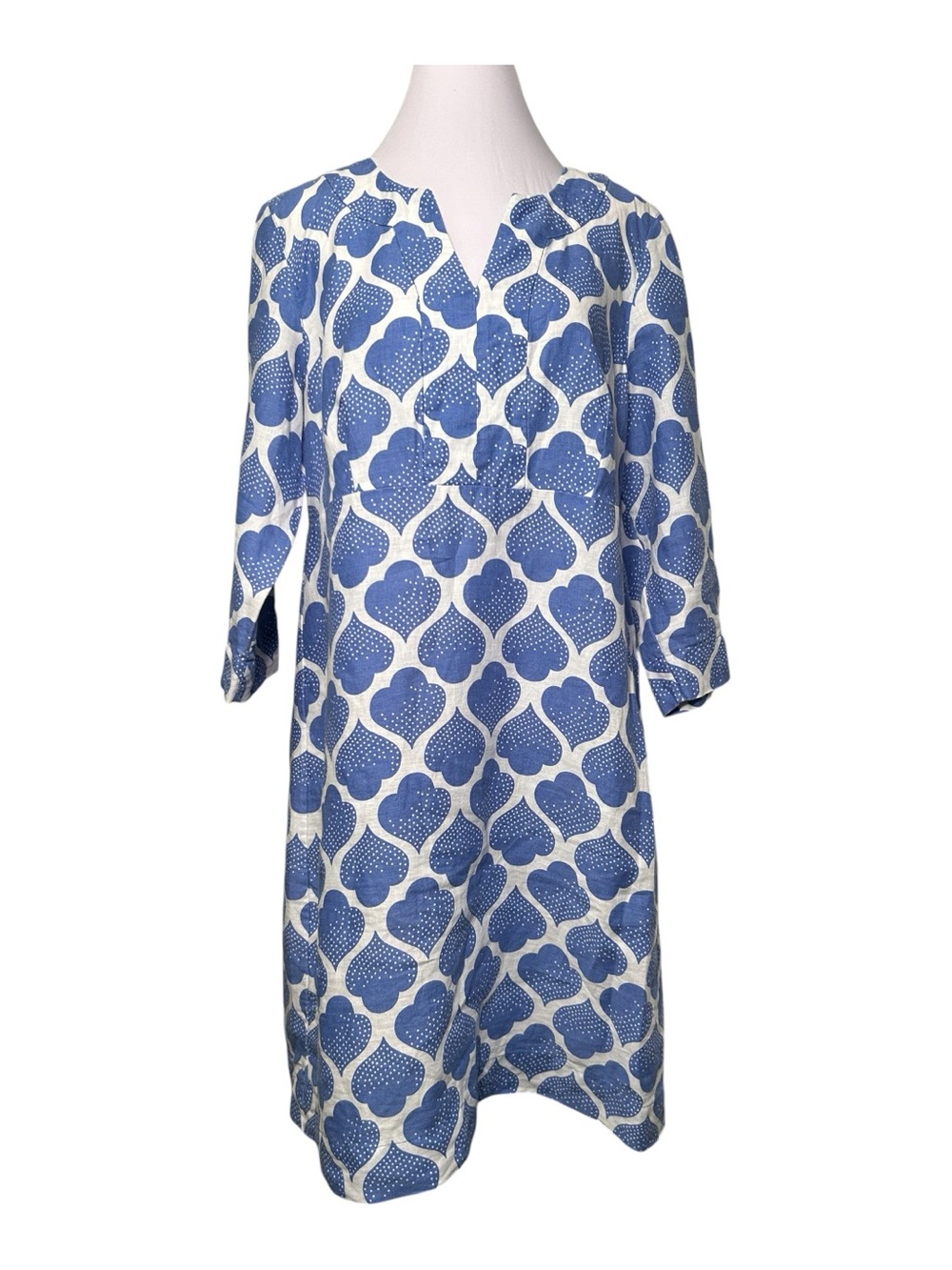 Boden Casual 100% Linen Tunic Dress Size 12 Blue White Shift Loose Fit Breezy